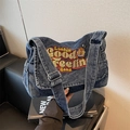 Sac cabas en jean délavé vintage avec broderie Lookin Good Feeling Good brodée - Bleu