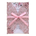 Pink glitter laser-cut butterfly wedding invitation with ribbon bow and elegant inlay - Glitter Pink