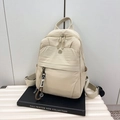Beige minimalist nylon backpack for women with circular NMC logo and travel accessories - Off-white