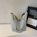 Light gray canvas tote bag with blue text print, bow drawstring and gingham lining - Gray