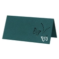 Détail de marque-place vert foncé avec papillon découpé au laser et papier texturé de qualité - Vert Encre