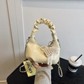 Chic pleated handbag in cream PU leather with pearl heart charm and silver chain strap - Yellow with Pendant