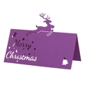 Détail du marque-place de Noël violet découpé au laser avec motif renne et texte - Violet foncé