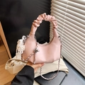 Pink pleated dumpling handbag with pearl lace charm and crossbody chain strap - Pink with Pendant