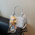 Light blue faux crocodile bucket bag with adjustable strap and cute plush bear charm - Blue with Charm