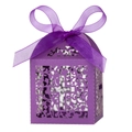 Elegant purple laser-cut wedding candy box with floral patterns and a ribbon bow - Dark Purple