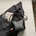Elegant black crocodile pattern bucket bag with adjustable shoulder strap and handle - Black without Pendant