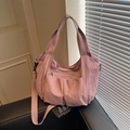 Pink large capacity nylon tote bag with front pockets and adjustable shoulder strap - Pink