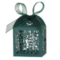 Dark green laser cut wedding candy box featuring hollow cross and floral pattern with ribbon - Ink Green