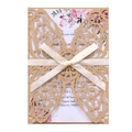 Elegant laser cut butterfly wedding invitation with floral card and satin ribbon - Beige Gold