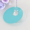 Glossy blue paper wine glass name cards on white mirror surface with purple rose accent - 7cm / Tiffany Blue