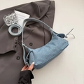Sac porté épaule bleu ciel texture denim avec bandoulière cuir et nœuds latéraux - Bleu Denim