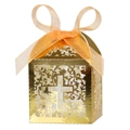 Golden laser cut gift box with hollow cross and orange ribbon for weddings and baptisms - Reflective Gold
