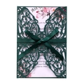 Detail of dark green laser cut butterfly wedding invitation with elegant silk ribbon - Dark Green