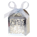 Silver laser cut wedding favor box with cross design and light blue satin ribbon bow - Reflective Silver