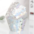 Detailed macro of laser-cut butterfly cupcake wrappers with iridescent pearlescent finish - Butterfly Pattern Style (WB-45) / Holographic Silver 5x5x8cm