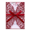 Laser cut burgundy butterfly wedding invitation with red silk ribbon and floral insert - Dark Red