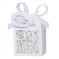 Detail of white laser-cut favor box with cross pattern, satin ribbon and Thank You tag - White (With Thank You Tag)