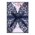 Elegant laser cut navy blue butterfly wedding invitation card with ribbon and floral insert - Dark Blue
