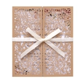 European laser cut wedding invitation with hollow leaf pattern and white satin ribbon - Beige Gold