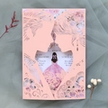 Close-up of pink laser-cut wedding invitation with couple silhouette and floral lace details - 250g / Light Pink
