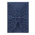 Macro detail of dark blue laser-cut wedding invitation card with intricate vine patterns - Phantom Blue
