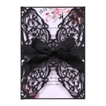 Detailed laser-cut hollow butterfly wedding invitation with a black satin ribbon bow - Black