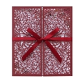 Elegant laser cut red floral wedding invitation card with a luxurious silk ribbon bow - Dark Red