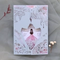 Laser cut wedding invitation with romantic bride and groom silhouette and rose details - Fog Blue