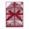 Élégante invitation de mariage bordeaux découpée au laser avec ruban satiné et fleurs - Rouge Foncé