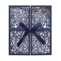 Elegant navy blue laser-cut wedding invitation with satin ribbon and floral pattern - Magic Blue