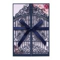 Elegant navy blue laser-cut wedding invitation with silk ribbon bow and floral inner card - Phantom Blue
