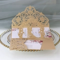 Detailed 3D laser-cut wedding invitation featuring a golden bride and groom silhouette - Beige Gold