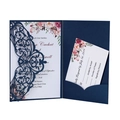 Detail of navy blue laser-cut floral wedding invitation with flower insert and RSVP card - Phantom Blue