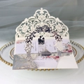 Detailed laser-cut lace design on white wedding card with 3D silver mirror silhouette - Reflective Silver