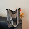 Grey canvas bucket bag with adjustable wide strap and cute brown bear pendant - Blackish Green With Pendant
