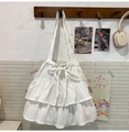 Sweet white ruffled single shoulder tote bag with plaid texture and bow drawstring detail - White