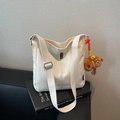 White canvas bucket bag with adjustable wide strap and cute brown bear pendant charm - White with Pendant