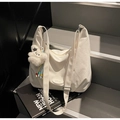 White waffle-textured tote bag with star plush charm and colorful bead tassel - Cream White With Pendant