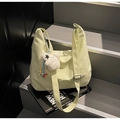 Minimalist light green plaid canvas tote bag with cute white bear pendant and adjustable strap - Yellow with Pendant