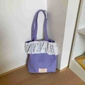 Borsa tote in tela viola con balze a pois neri ed etichetta tessuta rosa - Viola