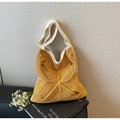 Bolso tote de ganchillo amarillo mostaza con patrones radiales y asas blancas - Amarillo