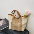 Grand sac cabas en paille tressée à rayures avec des anses en cuir marron - Blanc Cassé Sans Pendentif