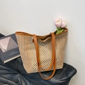 Grand sac de plage tressé avec anses en cuir marron et design en maille ajourée - Kaki Sans Pendentif