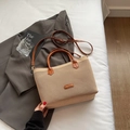 Grand sac cabas tissé beige avec poignées en cuir marron et bandoulière réglable - Sans Pendentif / Kaki