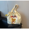 Detail of cute bear embroidery and drawstring closure on the cream tote bag - Beige (Style 2)