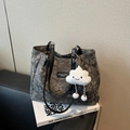 Dark grey floral canvas tote bag with black leather handles and plush cloud charm - Black (With Pendant)
