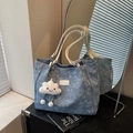 Blue denim floral tote bag with white leather straps and a fluffy cloud pendant accessory - Blue (With Pendant)