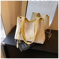 Striped canvas tote bag in bright yellow and cream with faux leather straps and tassel - Yellow