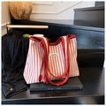Minimalist red and white striped canvas tote bag with contrast leather handles and straps - Red